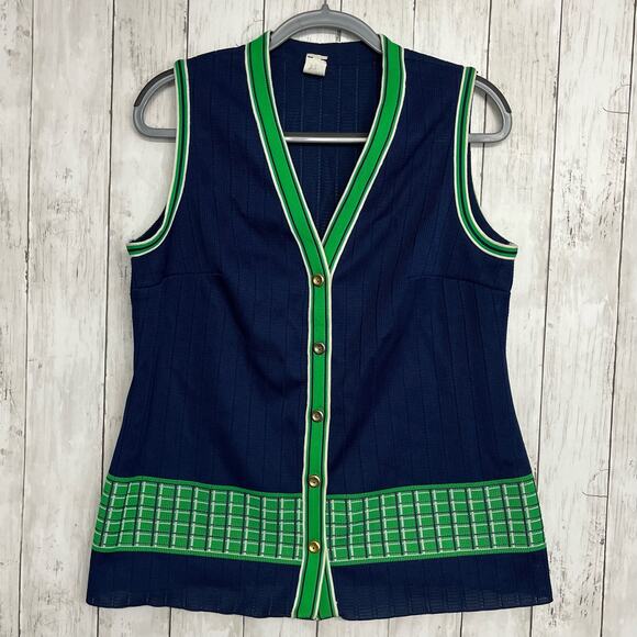 Vintage Button Up Sleeveless V-Neck Blue Green Gold Buttons Vest 16.5 - Picture 1 of 10